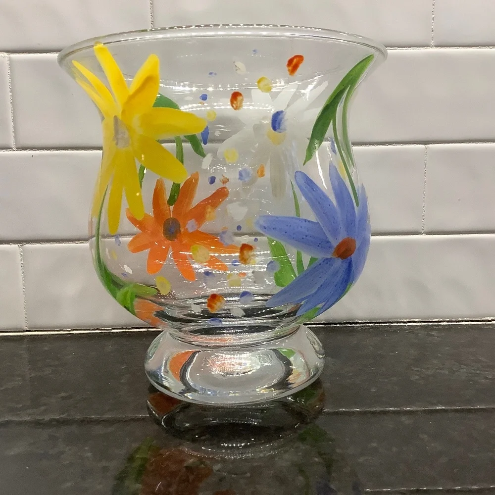 Footed Glass Vase/Candle Holder Hand Painted Floral Italy